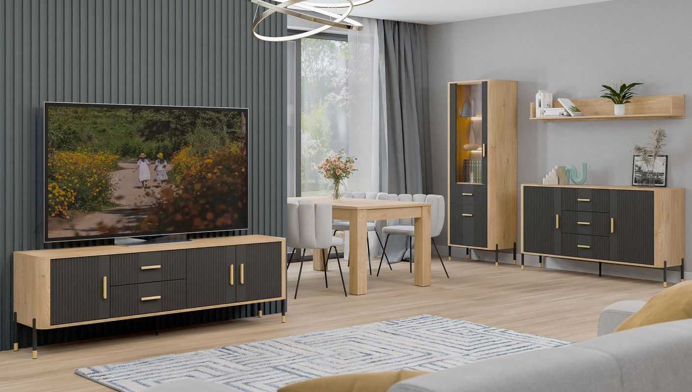 DANTE zestaw mebli premium do jadalni komoda szafka RTV witryna stół półka DĄB CREMONA - ANTRACYT