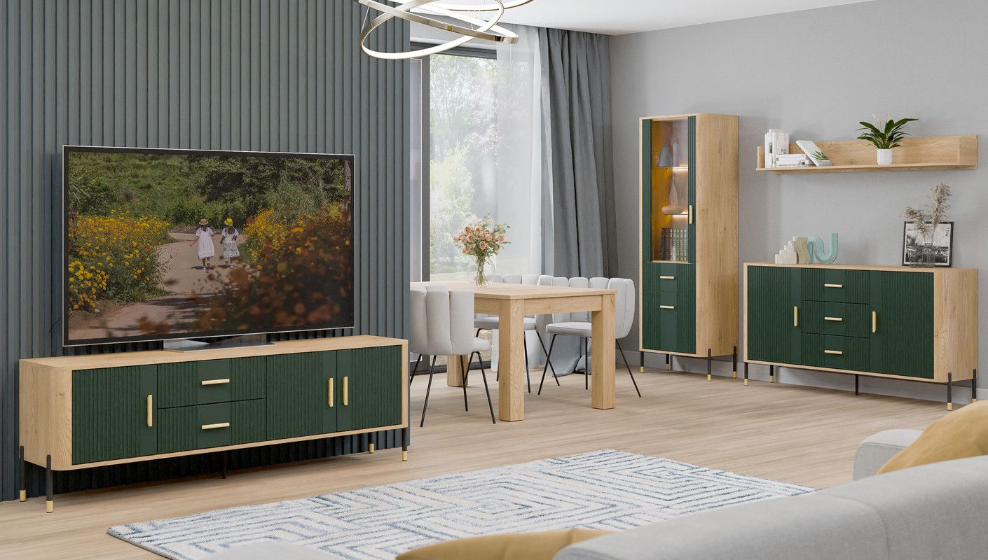 DANTE zestaw mebli premium do jadalni komoda szafka RTV witryna stół półka DĄB CREMONA - CIEMNY ZIELONY