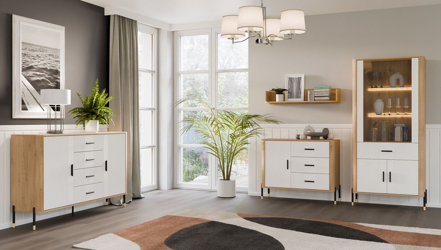 DANTE zestaw mebli premium do salonu komoda szafka RTV witryna ława półka DĄB CREMONA - BIAŁY