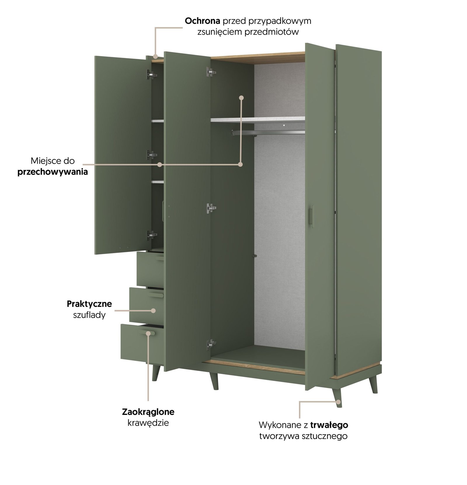 SCANDI 19 pojemna szafa 3-drzwiowa z szufladami 144 cm ZIELEŃ