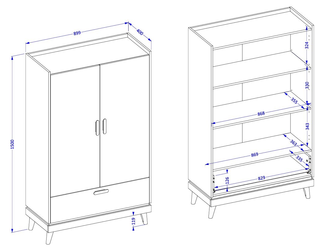SCANDI 38 szafa 2-drzwiowa z szufladą 90 cm wymiary