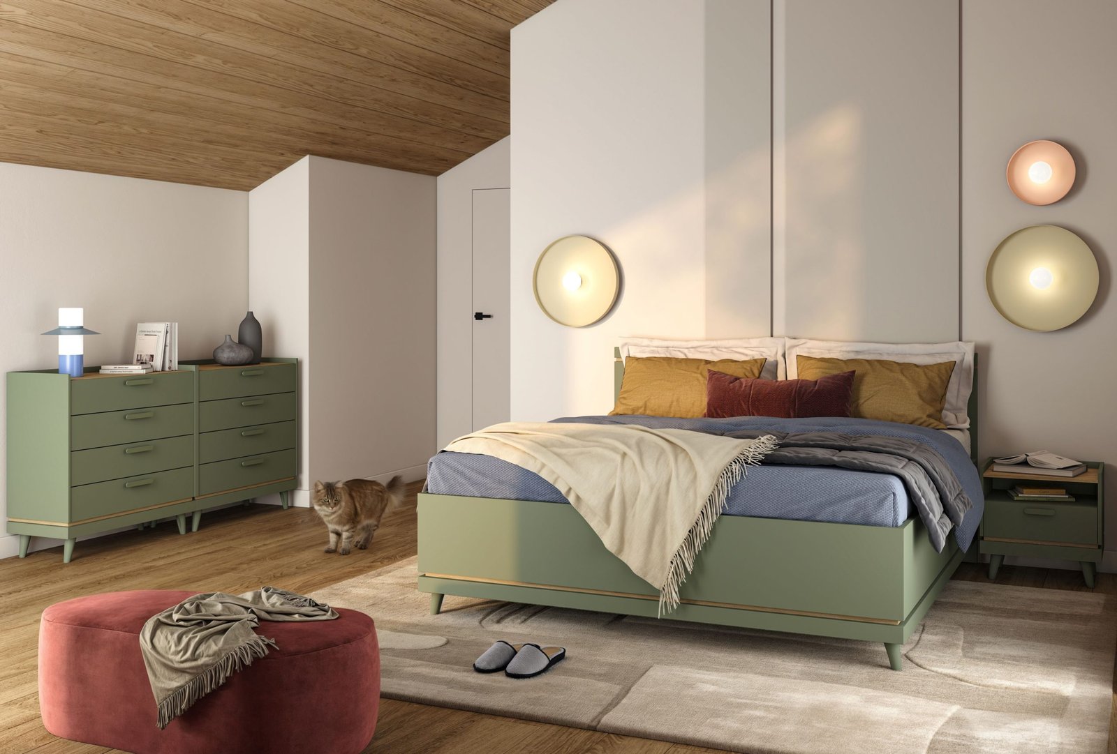 SCANDI zestaw mebli do sypialni łóżko komoda szafka nocna ZIELEŃ