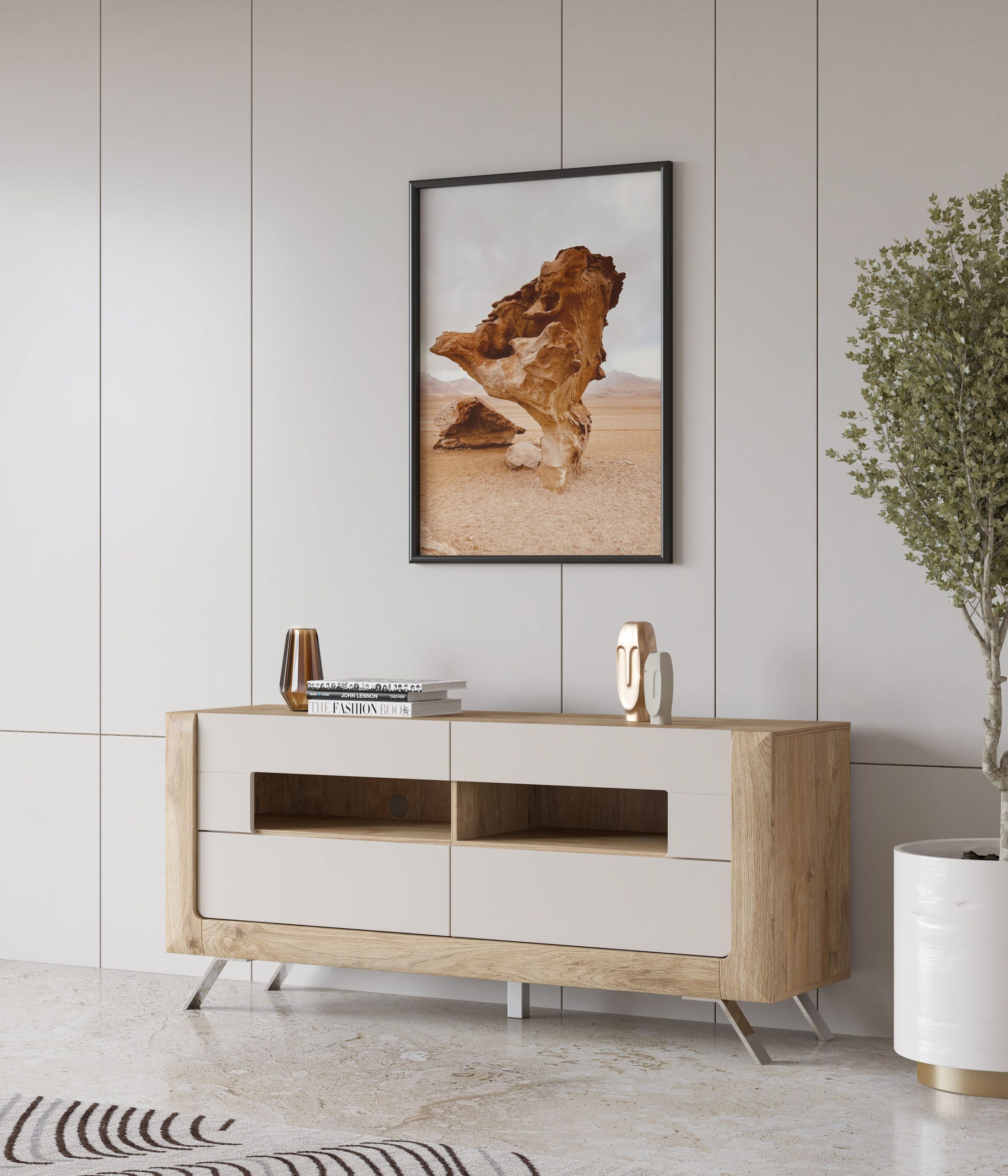 KASAI komoda RTV z szufladami do salonu 161 cm DĄB HARBOR ZŁOTY - CASHMERE PERFECT TOUCH - bydgoskie meble - 24HKMI41