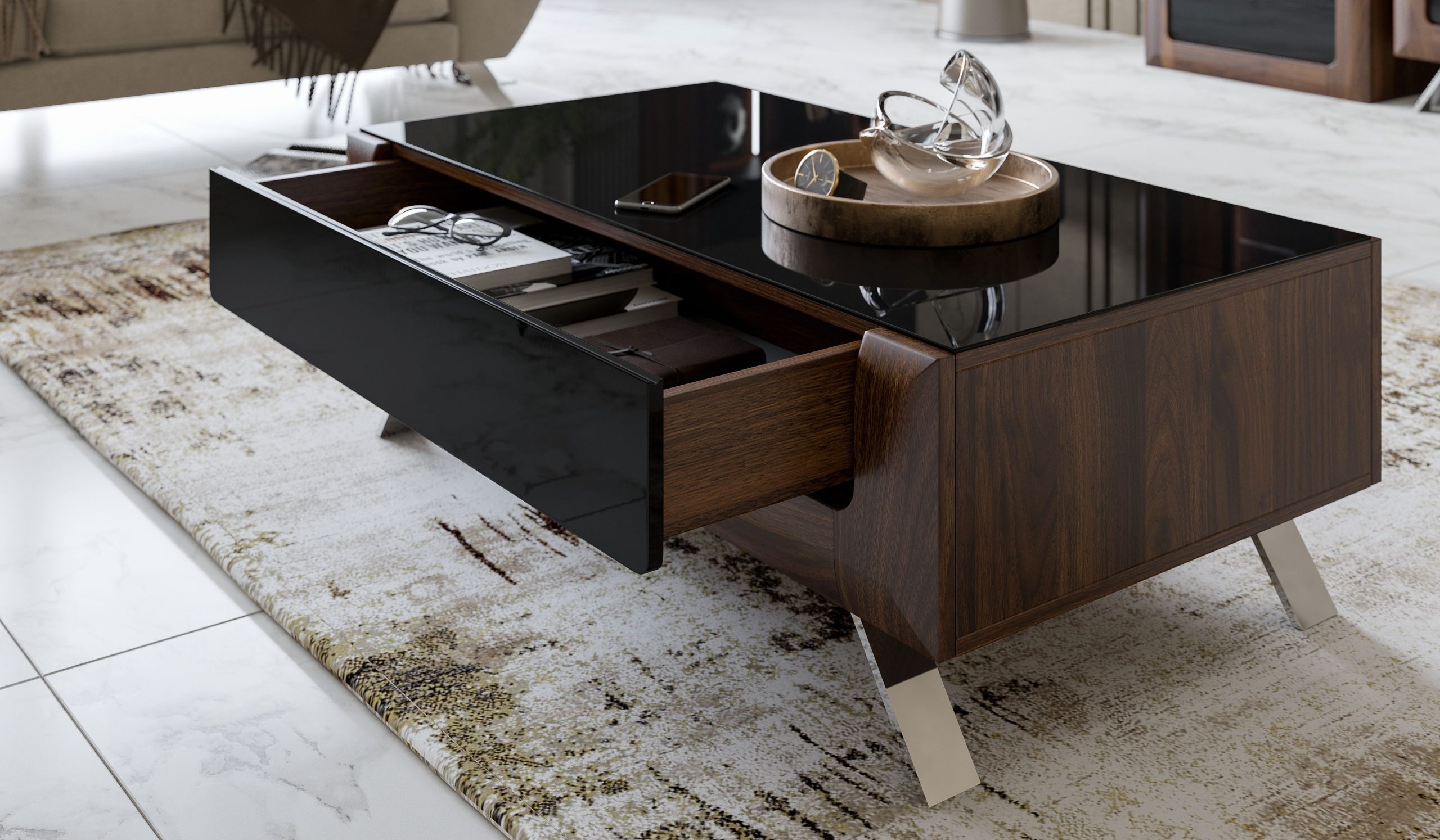 KASAI stolik kawowy do salonu z szufladą 110 x 65 cm ORZECH COLUMBIA - CZARNY POŁYSK - bydgoskie meble - 24RWMI99