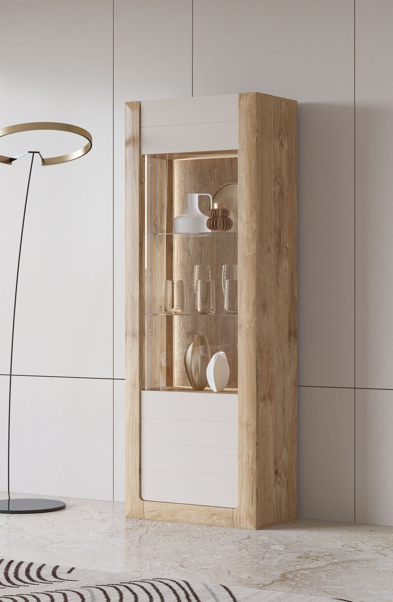 KASAI witryna wąska lewa podświetlana DĄB HARBOR ZŁOTY - CASHMERE PERFECT TOUCH - bydgoskie meble - 24HKMI05