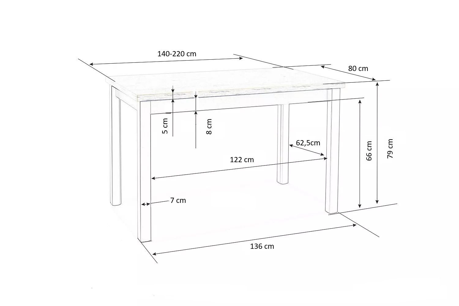 TIAGO stół rozkładany do salonu dla 6 osób na czarnych nogach 80 x 140 - 220 cm DĄB KRAFT ZŁOTY - CZARNY szkic