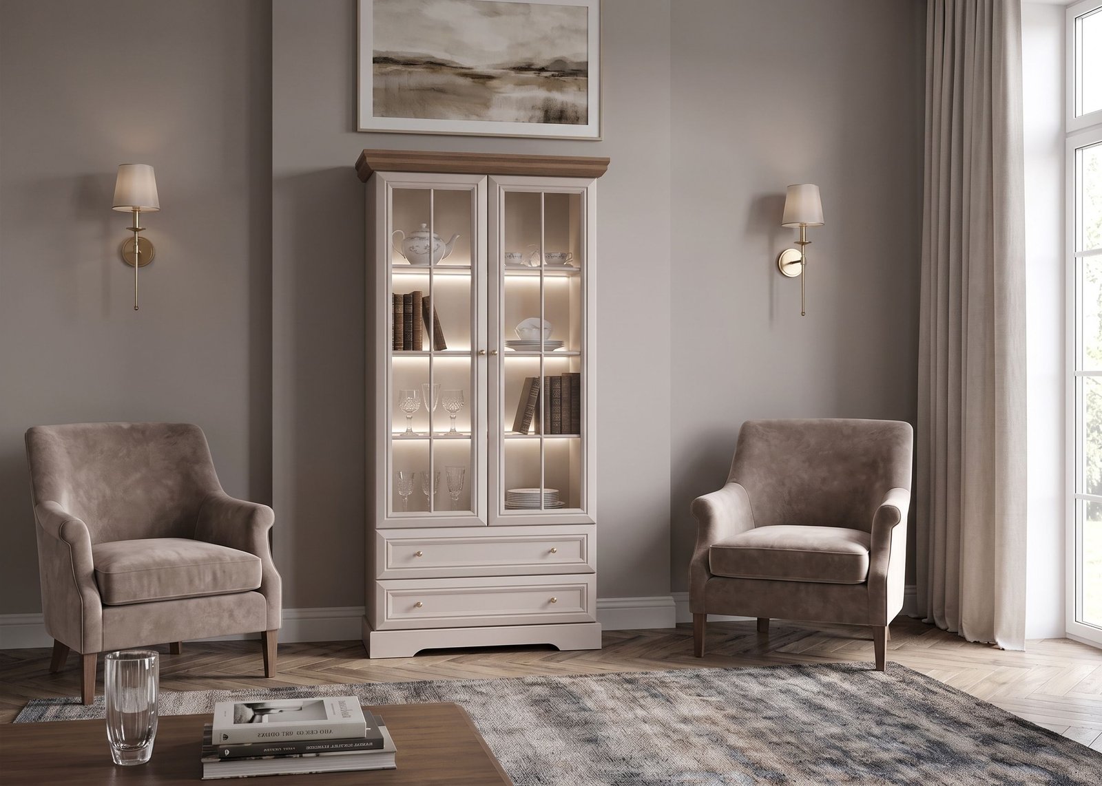 KORAL elegancka wysoka witryna dwudrzwiowa z szufladami 89 cm w stylu HAMPTON - KASZMIR