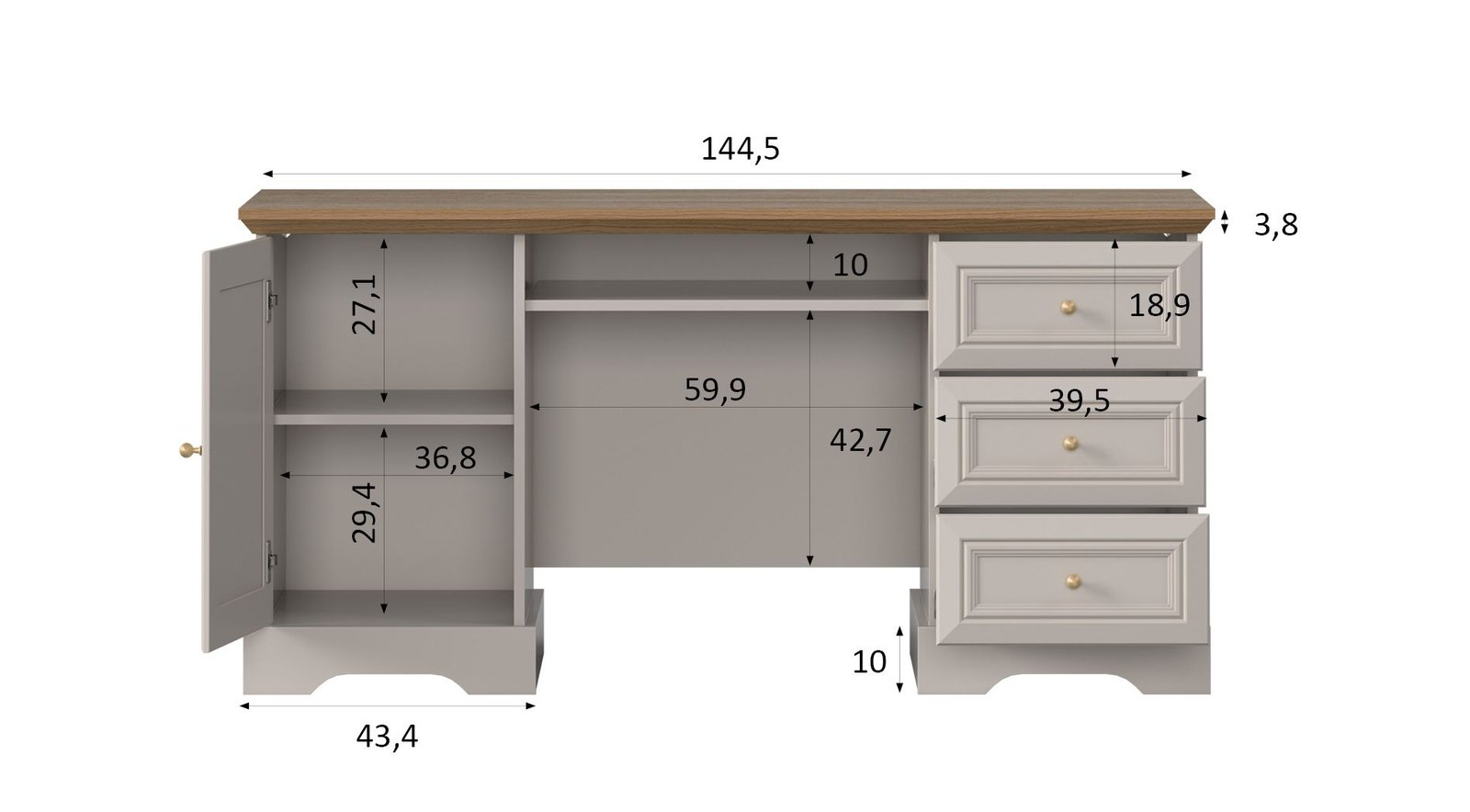 KORAL klasyczne biurko z szufladami i szafką 145 cm ASSERI - wymiary