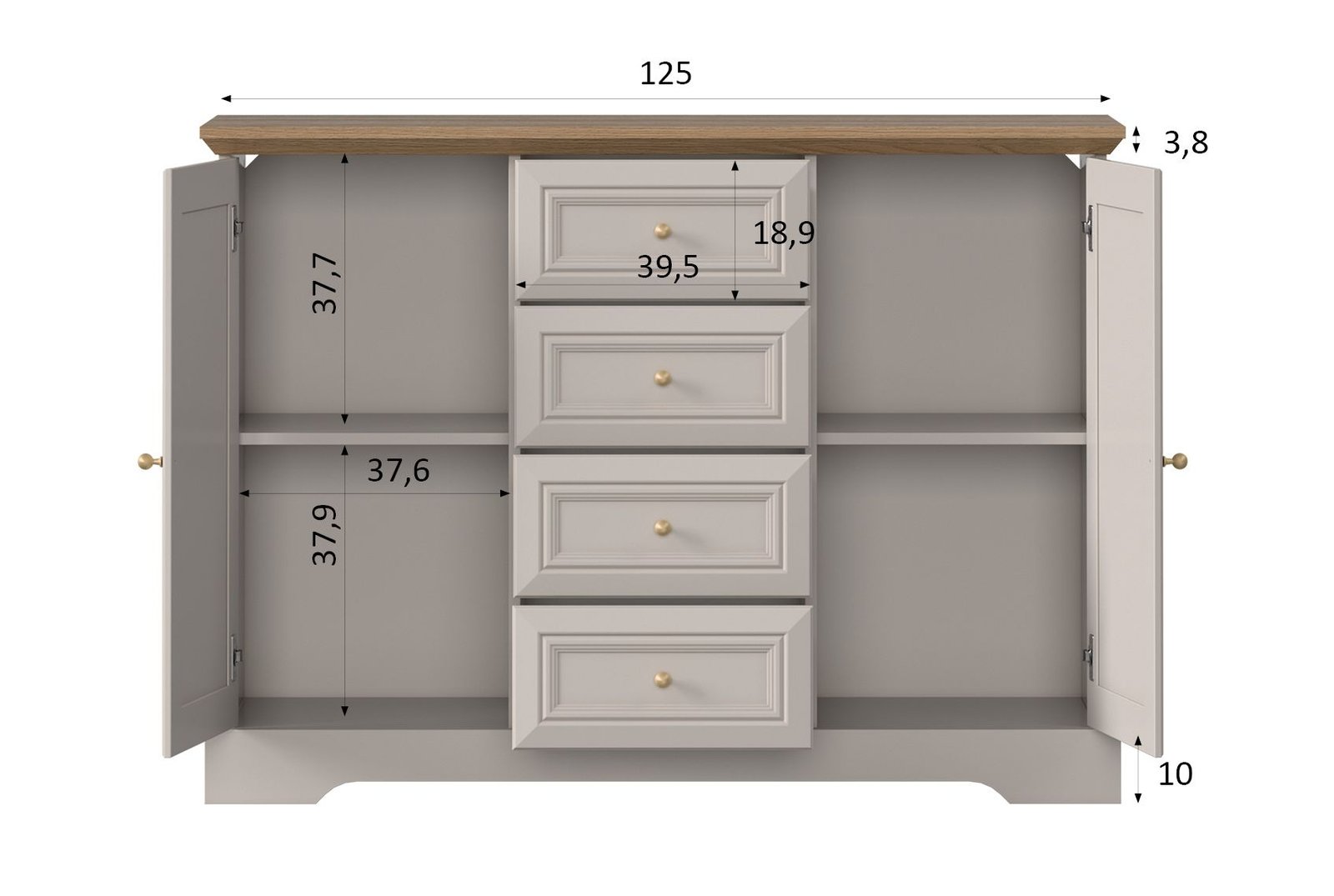 KORAL stylowa wysoka komoda dwudrzwiowa z szufladami 125 cm KASZMIR - ASSERI - wymiary